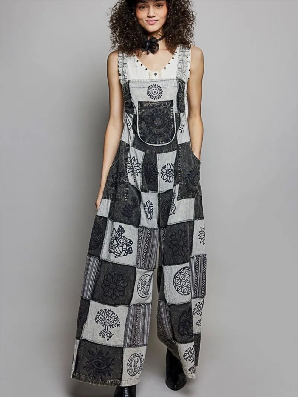 New: POL “Stormy Meadow” Mixed Patchwork Wide Leg Jumper Overalls• Small - Picture 2 of 6